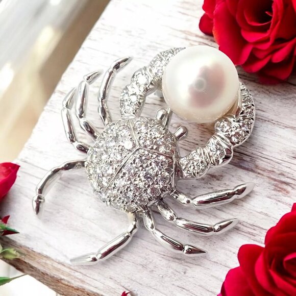 Rare! Authentic Tiffany & Co Platinum Crab 1.50ct Diamond 9mm Pearl Pin Brooch - Picture 2 of 12